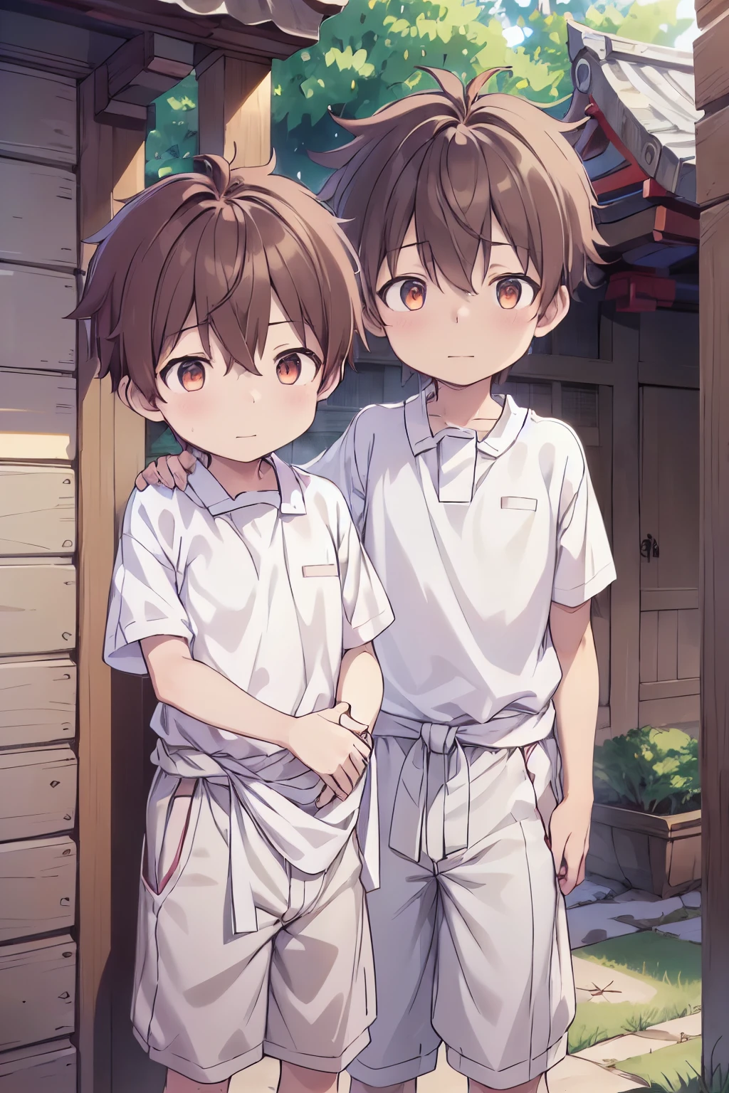 2boys, aoi, masterpiece, ultra detail, male focus, soccer shirt, adorable captivating, light brown hair , red eyes , white albine skin, japanese style, steam smork, japan style, anime coloring, shy, home muji style, detailed face, white towel on waist,white silk, outdoor, sweat, 