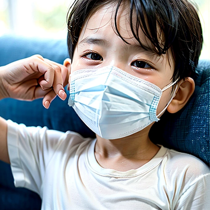 Handsome kindergarten boy with infectious disease、Appearance of suffering. He is wearing a white mask. He has a high fever. he is sleeping. He has a cough. He is exhausted. He is taking his temperature with a thermometer. He is dying. He is cooling his forehead with a cooling gel sheet..Are crying