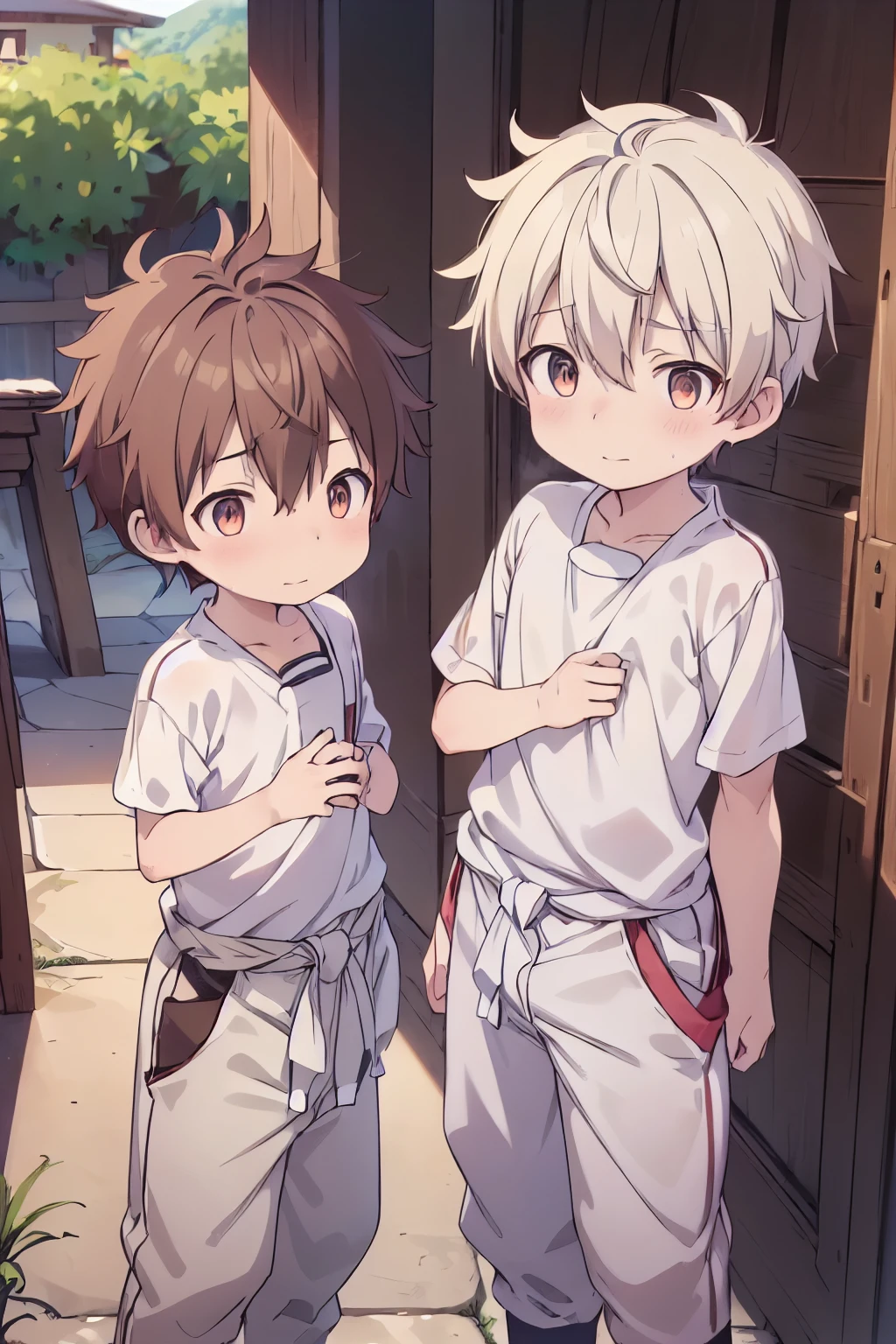 2boys, aoi, masterpiece, ultra detail, male focus, soccer shirt, adorable captivating, light brown hair , red eyes , white albine skin, japanese style, steam smork, japan style, anime coloring, shy, home muji style, detailed face, white towel on waist,white silk, outdoor, sweat, 