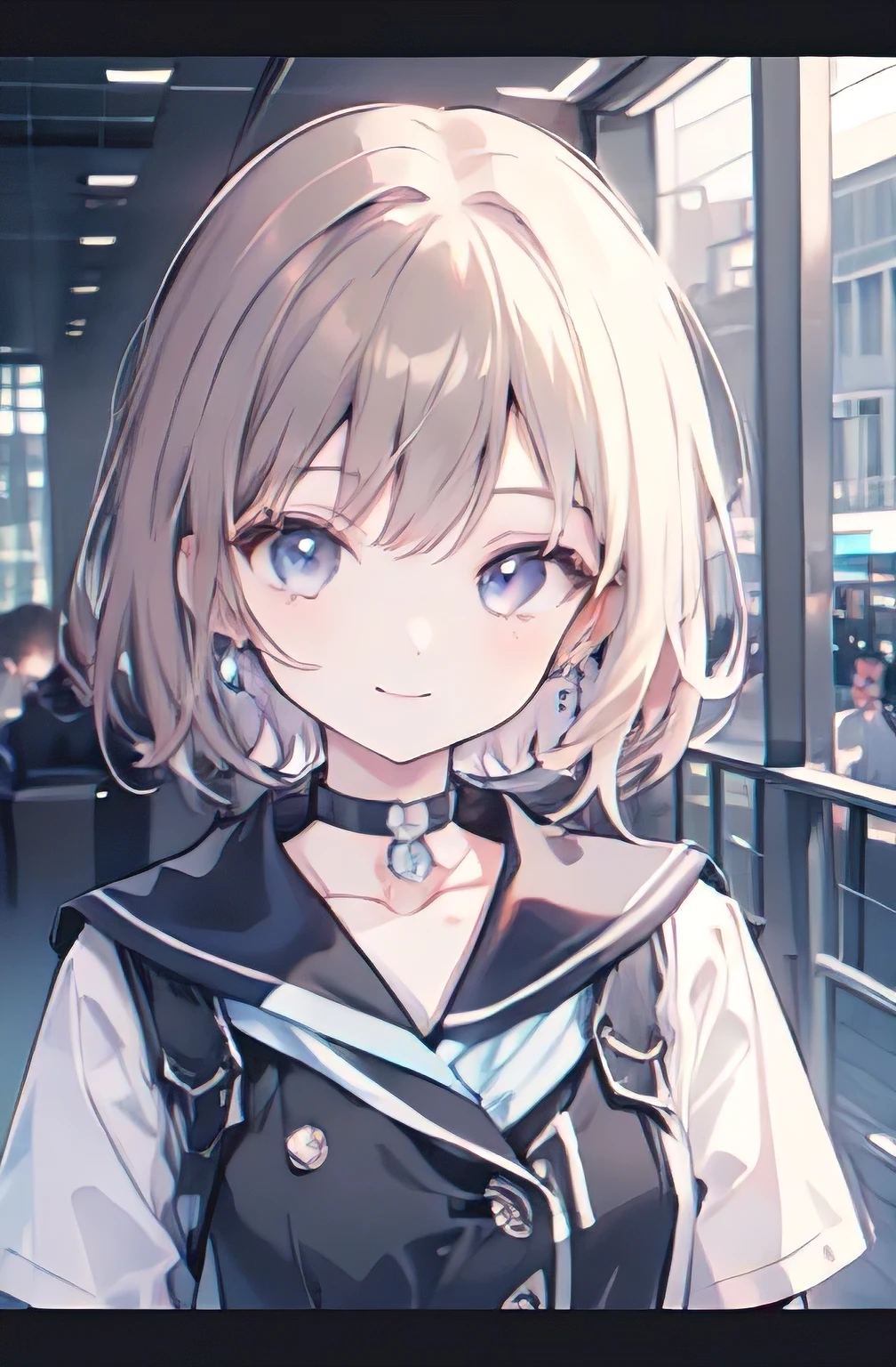 1girl, anime_coloring, black_eyes, black_gloves, brown_hair, choker, earrings, gloves, jewelry, letterboxed, parody, short_hair, smile, solo, style_parody,