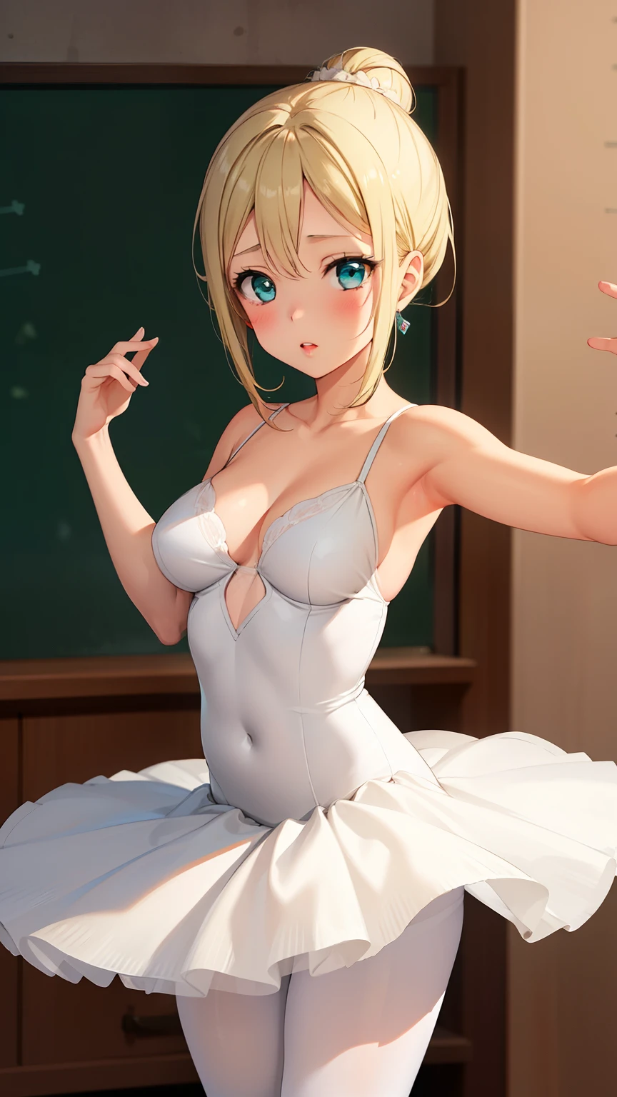 masterpiece, best quality, highly detailed, ultra high res, ayase arisa, 1girl, solo, hair ornament, blonde hair, hair in a bun, bangs, glossy lips, medium breasts, aqua eyes, school, ballerina, white pantyhose, tutu