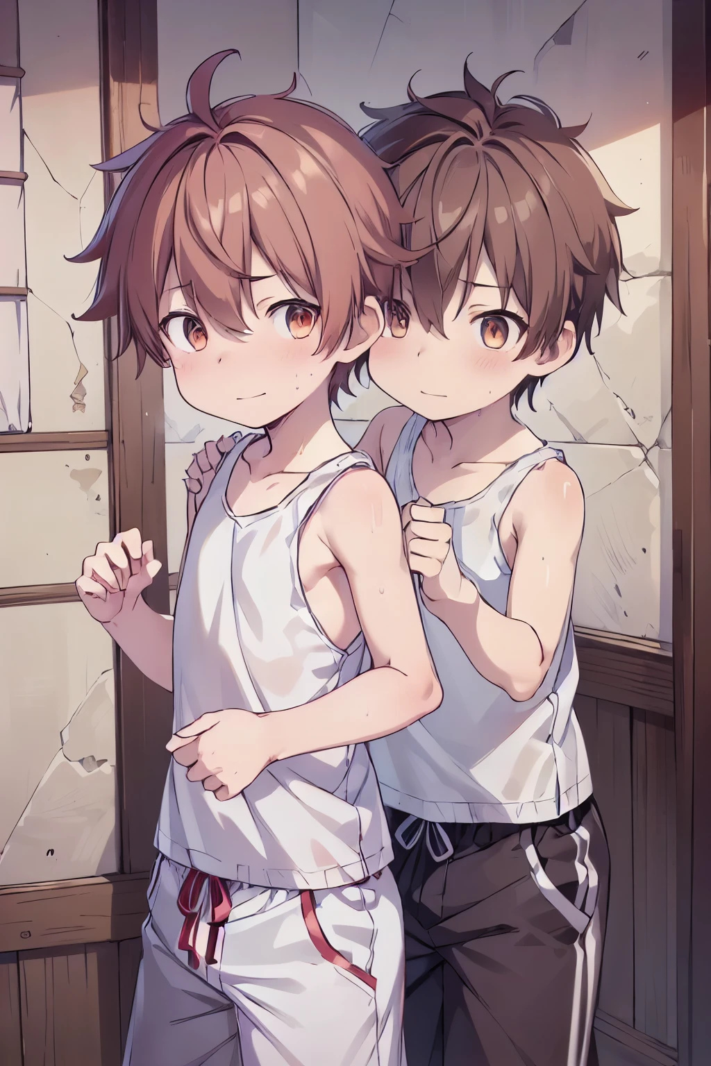 2boys, aoi, masterpiece, ultra detail, male focus, white tank, wearing boxing short, fight together, adorable captivating, light brown hair , red eyes , white albine skin, japanese style, steam smork, japan style, anime coloring, shy, detailed face,  sweat, 