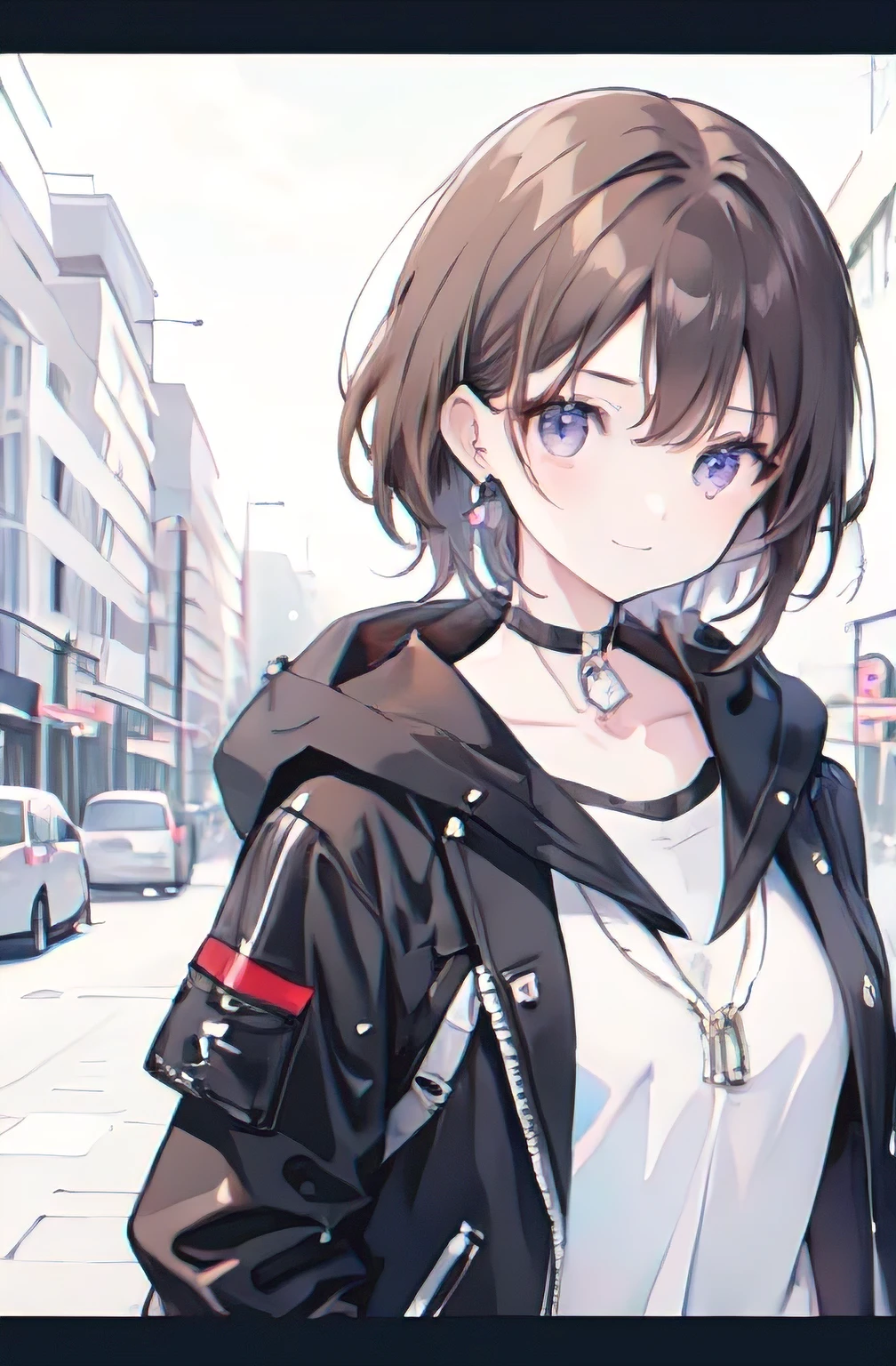 1girl, anime_coloring, black_eyes, black_gloves, brown_hair, choker, earrings, gloves, jewelry, letterboxed, parody, short_hair, smile, solo, style_parody,