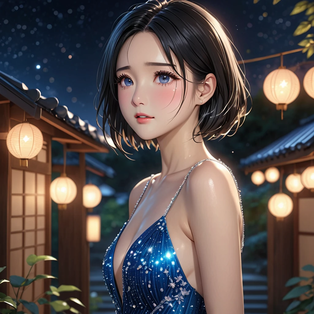 National Science Foundation,masterpiece,High resolution,8K,Art,digit,Three-dimensional,Realism,Kyoto Animation Style,Your name style,Facing the camera,Soft Light,Glowing skin,(1 female: 1.3),(alone: 1.4),(((black hair))),sparkling evening gown,Evening gown with Swarovski crystals,Long eyelashes,Long thin legs,Short Bob,Sexy pose,Close-up of upper body,Close-up,close view,Eyes as deep as the starry sky,(blush),(shy),(lovely and delicate),(Pitiful),(cry),(shed tears),(((sadness)))