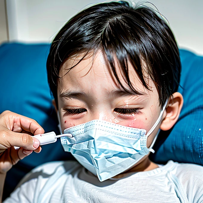 Handsome kindergarten boy with infectious disease、Appearance of suffering. He is wearing a white mask. He has a high fever. he is sleeping. He has a cough. He is exhausted. He is taking his temperature with a thermometer. He is dying. He is cooling his forehead with a cooling gel sheet..Are crying