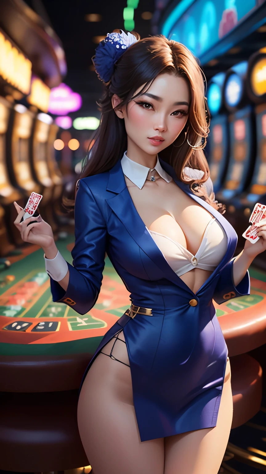 Sky theme, casino background, a sexy beautiful asia lady with blue casino uniform, 3d rendering, 3k uhd quality,One hand akimbo, one hand holding the poker card