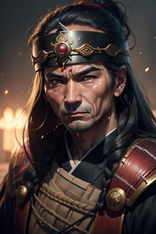 Realistic ultra HD close-up portrait,A samurai wearing a war mask, Wrinkles ,Facial expressions show strong emotions