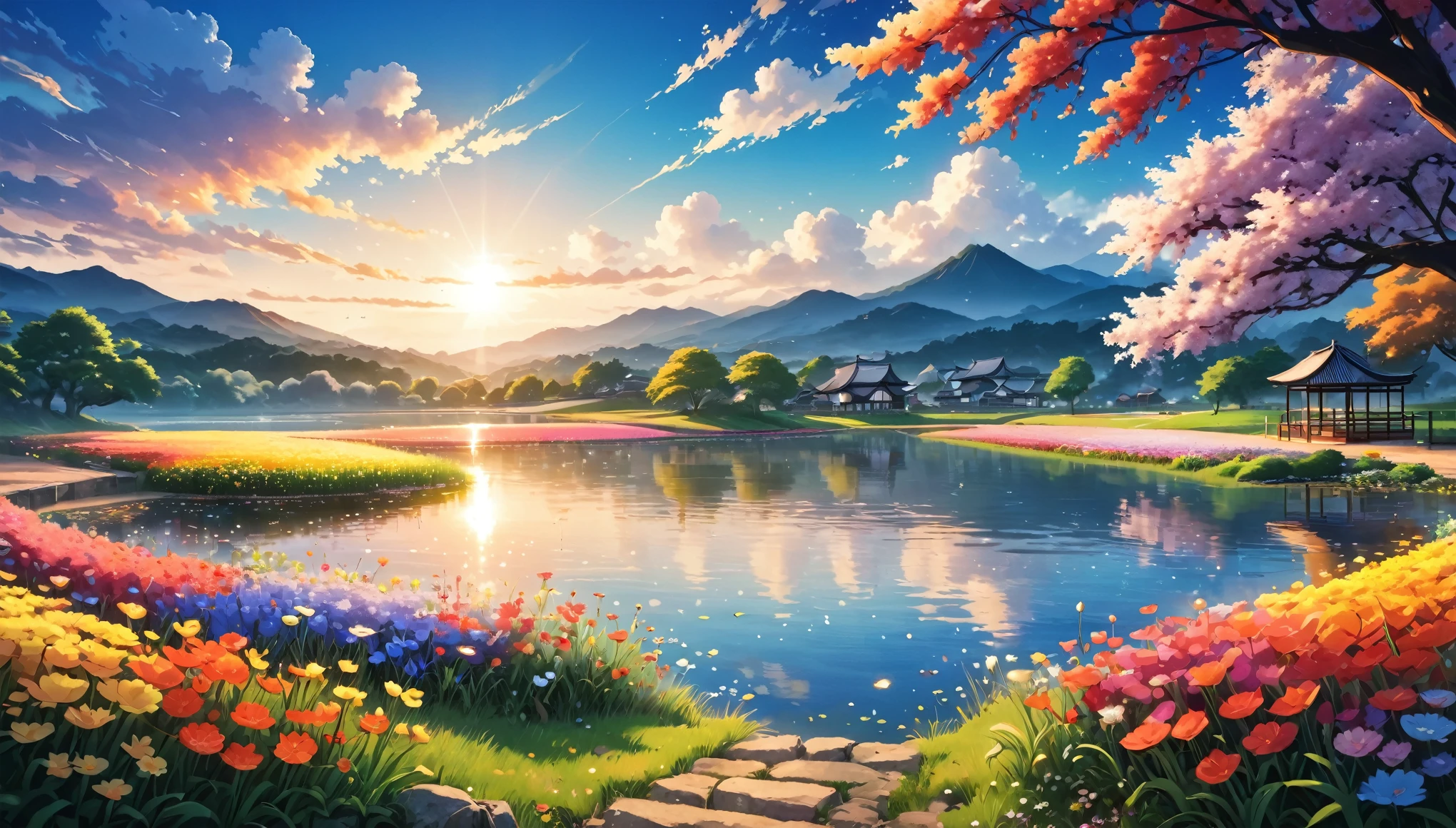 view from outside, landscape, masterpiece, animewallpaper, 4k wallpaper, flowerfield, vibrant flowers, lake, warm lighting,quality detailed art, best anime 4k konachan wallpaper