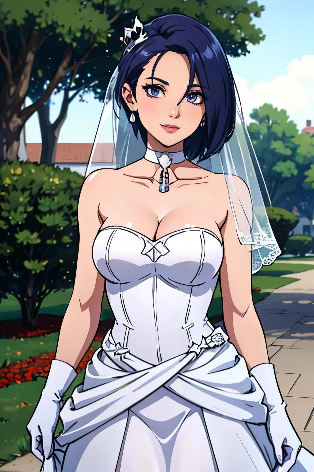 1girl, solo,Shamir fe, crown,earrings ,lipstick, eye shadow, makeup, hair between eyes, ahoge, hair ornament, gloves, dress, cleavage, bare shoulders, collarbone, white oprea gloves, white gloves, white dress, strapless, white choker, tiara, veil, strapless dress, wedding dress, bridal veil, beautiful woman, perfect body, perfect breasts, wearing a wedding dress, ball gown, in the park trees, wedding decorations, looking at the viewer,  smile, realism, masterpiece, textured skin, super detail, high detail, high quality, best quality, 1080p,