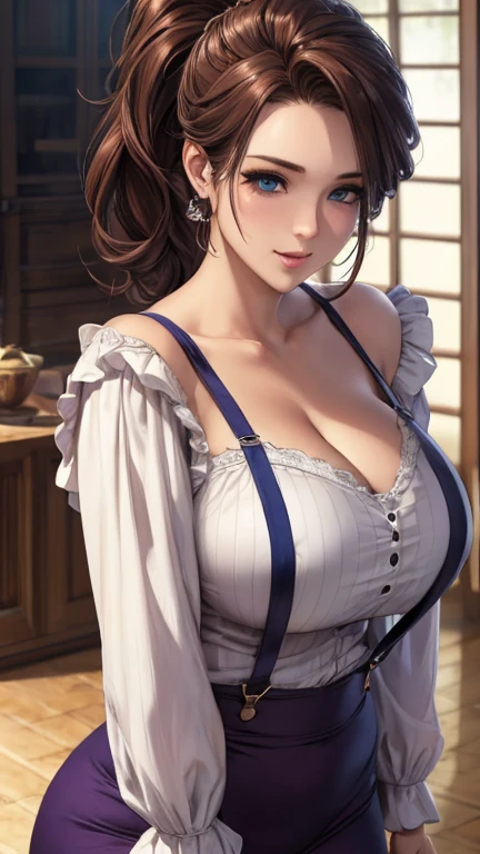 8K quality、quality、super high image quality、Super detailed、Ultra-realistic hair textures、Colorful beautiful woman、long and beautiful hair、Shiny Heine Hairnet、Ponytail、blue eyes、smooth, radiant skin、(((Wear only suspenders)))、very huge huge(((Huge breasts、Breast sagging、Low-cut,Cleavage,Wide hips,))((Hourglass figure))、Off-shoulder、laughter、soft pink lips、Surreal sensory experience、Cheeks turn red、Cherry Blossoms