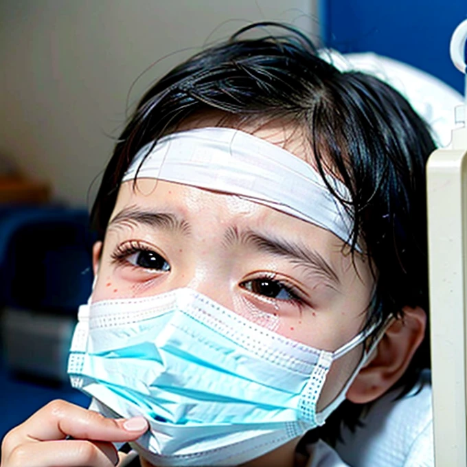 Handsome kindergarten boy with infectious disease、Appearance of suffering. He is wearing a white mask. He has a high fever. he is sleeping. He has a cough. He is exhausted. He is taking his temperature with a thermometer. He is dying. He is cooling his forehead with a cooling gel sheet..Are crying