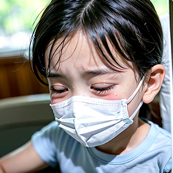 Handsome kindergarten boy with infectious disease、Appearance of suffering. He is wearing a white mask. He has a high fever. he is sleeping. He has a cough. He is exhausted. He is taking his temperature with a thermometer. He is dying. He is cooling his forehead with a cooling gel sheet..Are crying