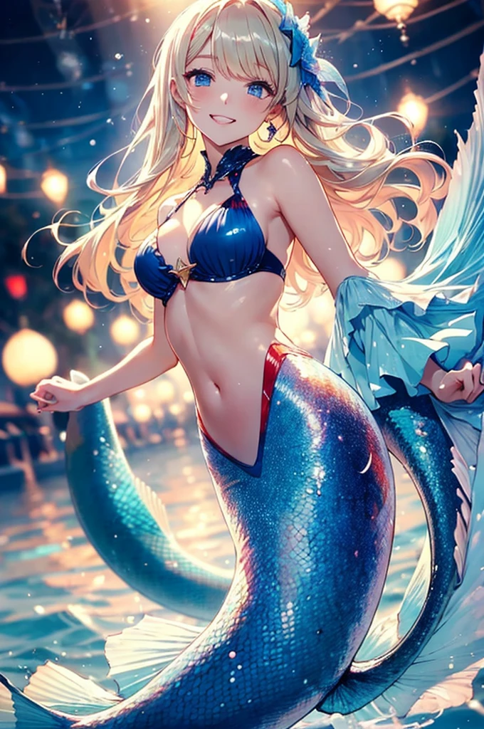 art by Cornflower,(​masterpiece),(top-quality:1.2),4k anime,(perfect fingers:1.3),(correct hands:1.3),(1 Mermaid girl),(blue scales),blue swimsuit,(flat chest),Highest quality,long blonde hair,blunt bangs,(sideways glance),beautiful detailed blue eyes,blue tail fin,neon light,film lighting,depth of written boundary,bokeh,seductive smile,the atmosphere is full of happiness and laughter