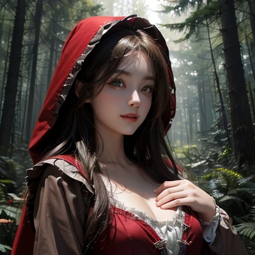 Standing in the forest、Hair flow、 ((highest quality、masterpiece、8k、Best image quality、Ultra-high resolution、Award-winning works)、(Accurate ???????:1.1)、(Look at me and smile:1.1)、Shining fair skin with Ultra-high resolution、The most detailed face、Ultra-high resolution detailed face、Ultra-high resolutionの髪の毛、(Ultra-high resolution eye:1.1)、Beautiful face drawn in every detail、little red riding hood　Costumes , ????? to ?????,  Strange atmosphere, A real werewolf stares at her......., Dark Light, in the forest , Gorgeous Accessories 