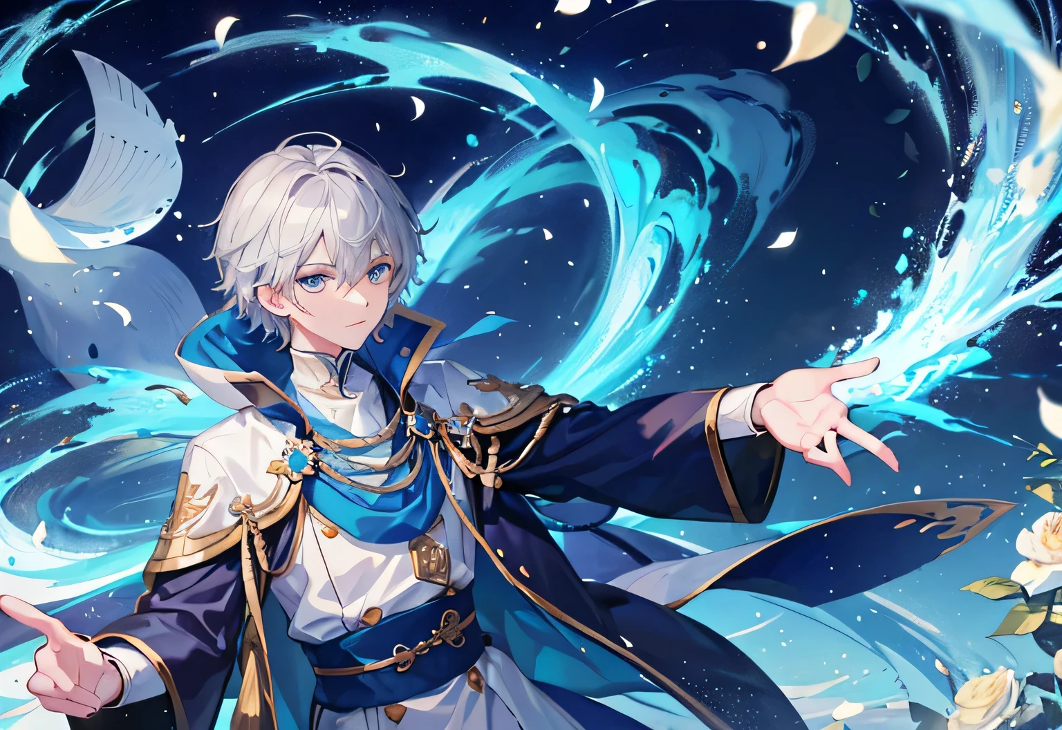 masterpiece,highest quality,One boy、young、alone,Gray Hair、Medium Hair、Bright Blue Eyes、ice,Blue shorts,prince,Noble appearance,Indifference,There was a hint of sadness in his eyes,Gorgeous、Castle and light blue theme、Many white flowers blooming on the ground