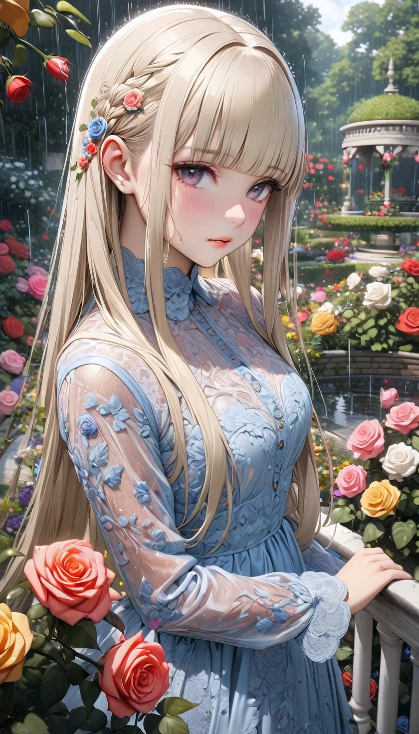 raw photo:1.2, masterpiece, highest quality, 16k, unbelievably absurd, very detailed, perfect beauty, beautiful cute girl, platinum blond long hair, flowing straight hair, blunt bangs, long sideburns, wet hair, intricately embroidered lace dress, ultra-realistic:1.8, vibrant colors, roses in the english garden, gently rain, view above, intricately illustration