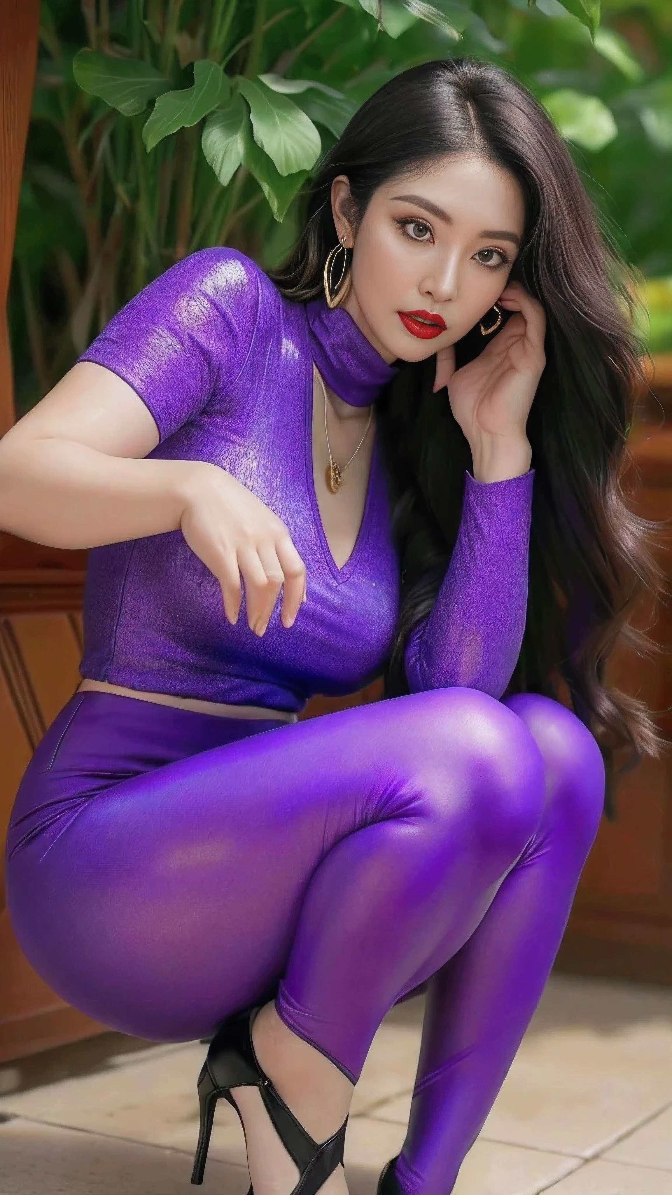 Squat on the ground with your legs together,Purple clothes,Blue and purple reflective yoga pants,cosmetic, (lipstick: 1.1), (Eyeliner: 1.2), mascara, Eyeshadow,Outdoor sports, earrings, necklace,Wrinkles at the corners of the eyes, Oral wrinkles,High Neck Knit Bodycon Skirt,full-body shot,An Asian Japanese woman,65 years old,big eyes,elegant temperament elegant temperament,(masterpiece:1.2, best quality), actual, (The real situation,45 years old, Intricate details, Depth of Field), The content is very detailed, This is a perfect face, Perfect body, Large Model, Mature Woman 8K,best quality, masterpiece, Ultra-high resolution,(lifelike:1.4), original photo, Stay focused, Exquisite beautiful woman, (tall and straight:1.1),(Fat goddess desetallic ),half butterfly earrings, double ring necklace, (:1.05), (65 years old, : 1.4),Long curly hair, Dynamic angle, (red lips)Beautiful graphics, High heel