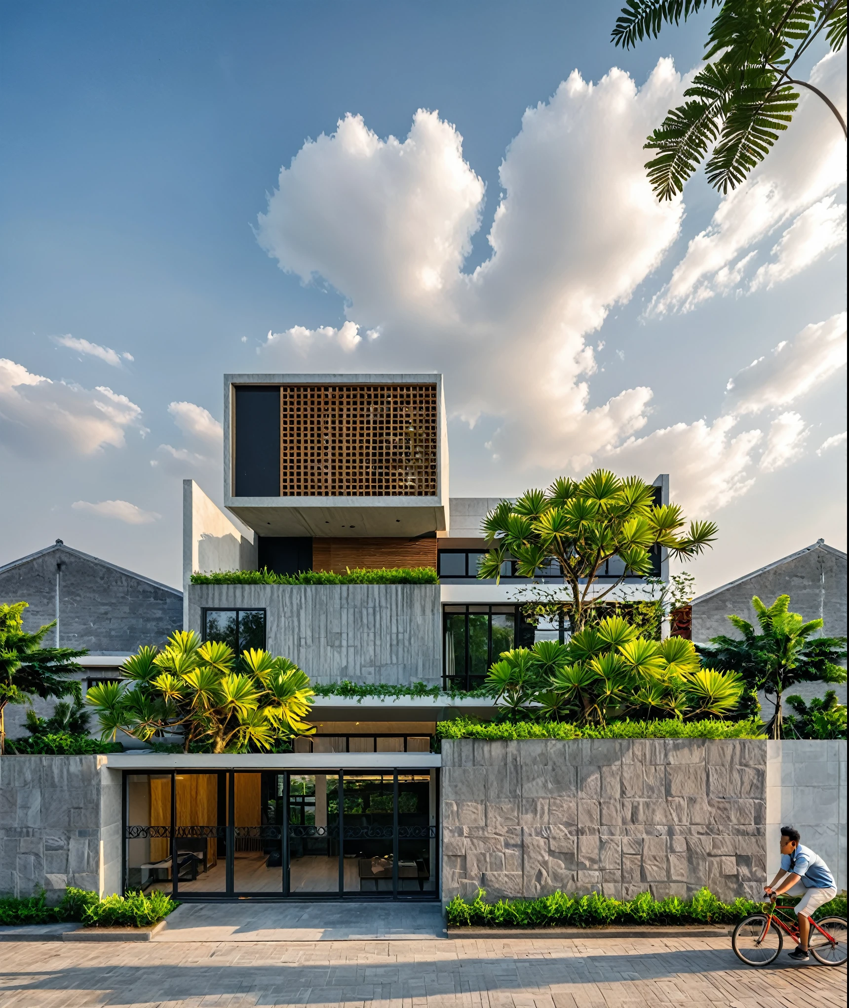 Raw photo, Masterpiece, high quality, best quality, authentic, super detail,
exterior, outdoors, Tuonghoagio, house, modern stytle, on the street, wind flower wall, glass windows, GRAY STONE wall,  GRAY metal gate, metal railing, house style modern on the street
road, pavement, grass, trees, sky, cloud, daylight