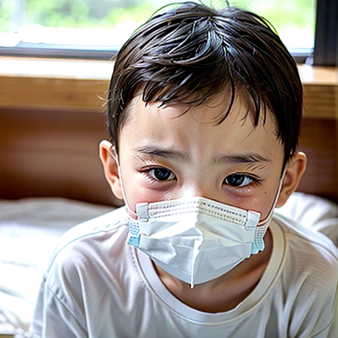 Handsome  with infectious disease、Appearance of suffering. He is wearing a white mask. He has a high fever. he is sleeping. He has a cough. He is exhausted. He is taking his temperature with a thermometer. He is dying. He is cooling his forehead with a cooling gel sheet..Are crying