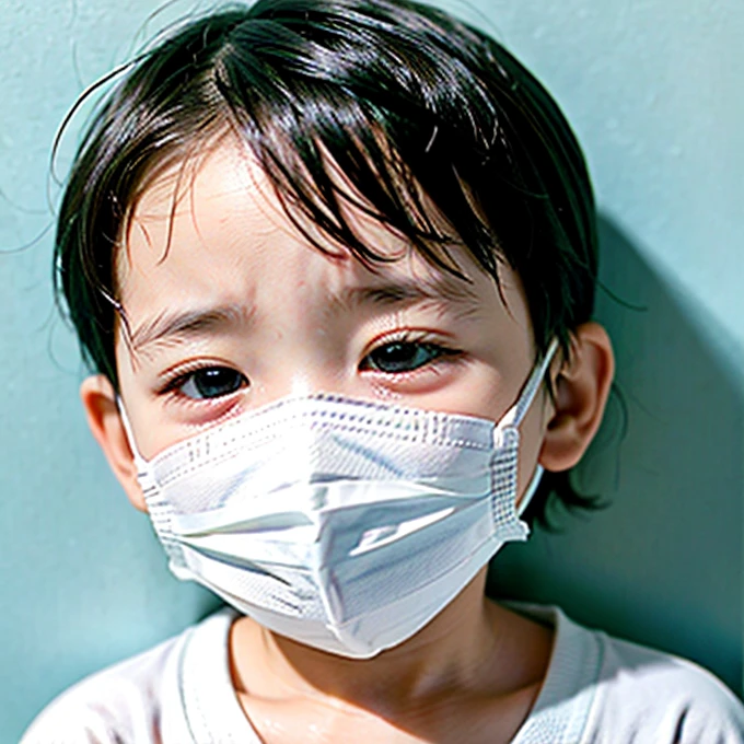 Handsome kindergarten boy with infectious disease、Appearance of suffering. He is wearing a white mask. He has a high fever. he is sleeping. He has a cough. He is exhausted. He is taking his temperature with a thermometer. He is dying. He is cooling his forehead with a cooling gel sheet..Are crying