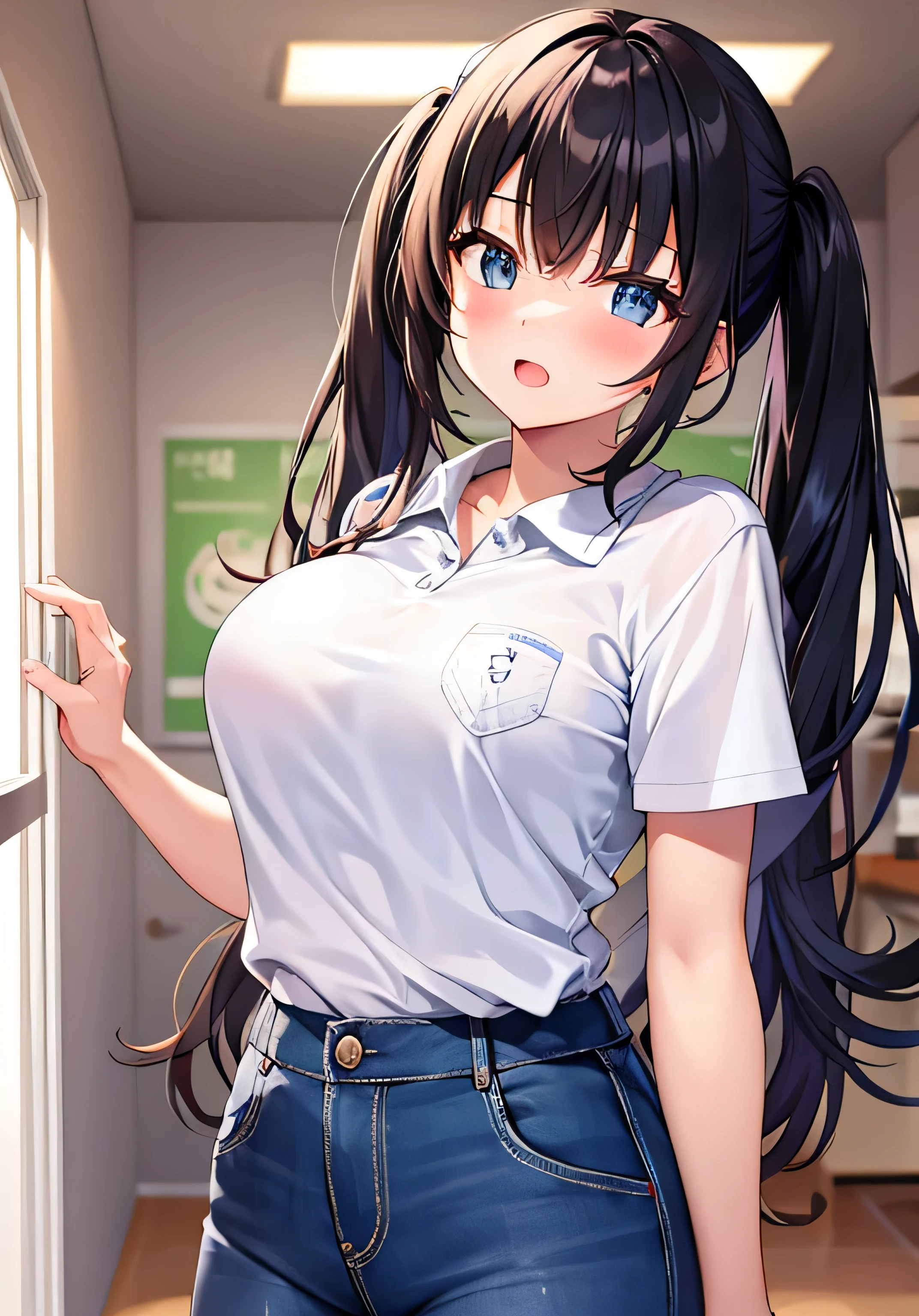 masterpiece、Highest quality、Ultra-high resolution、 girl with big breasts、twin tail hairstyle、black hair、Red face、shyly、open your mouth just a little、white polo shirt、denim shorts、inside the club room