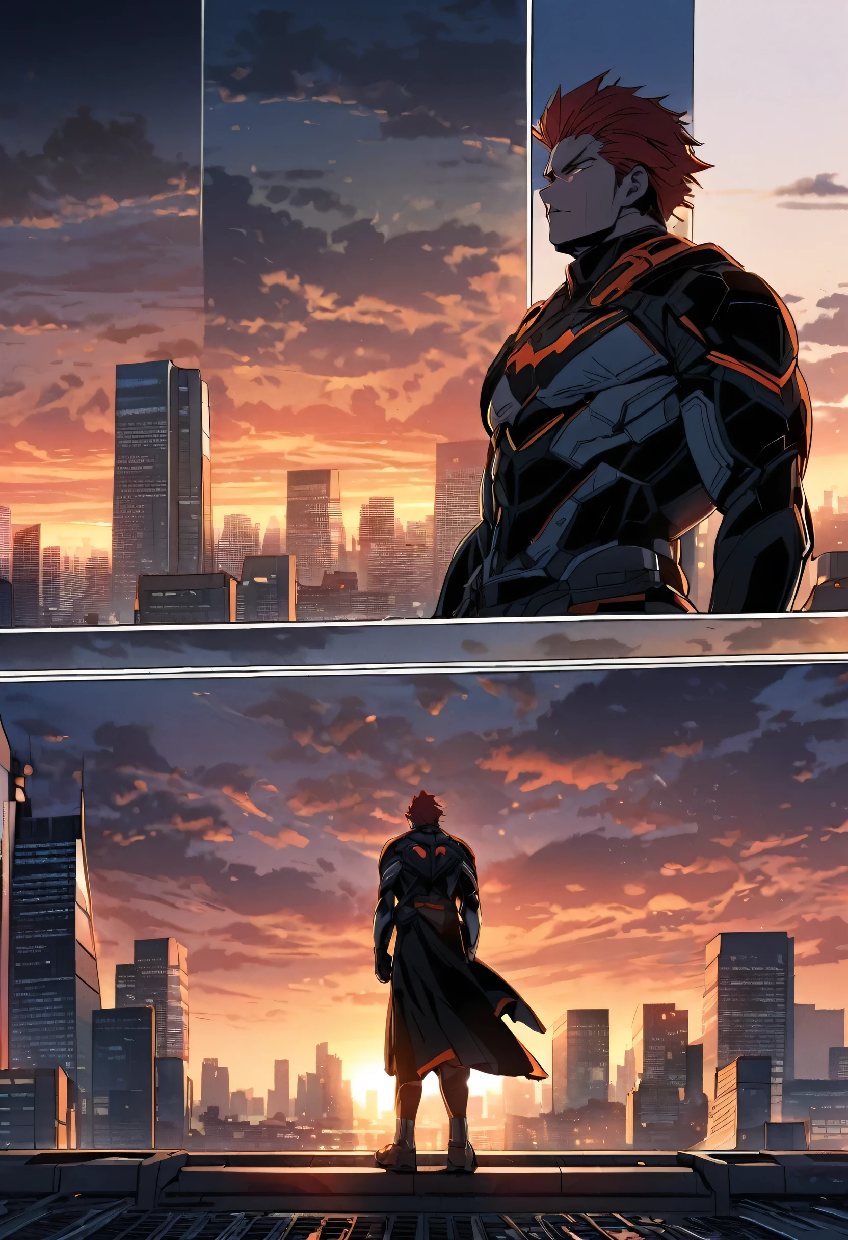 A hero standing triumphantly on a city rooftop, with the skyline and sunset in the background, hi details, vibrant, glossy, comic