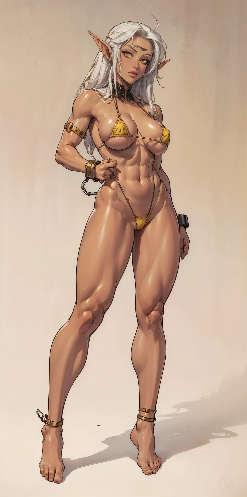 (Masterpiece, plain background:1.2) Female full body, standing straight symmetrical feet together, blood dark elf, dark skin, long messy white hair, short elf ears, circlet, yellow eyes, 1990s (style), female 1sologirl slingshot micro bikini, barefoot, bare handcuffs, shackles wristbands