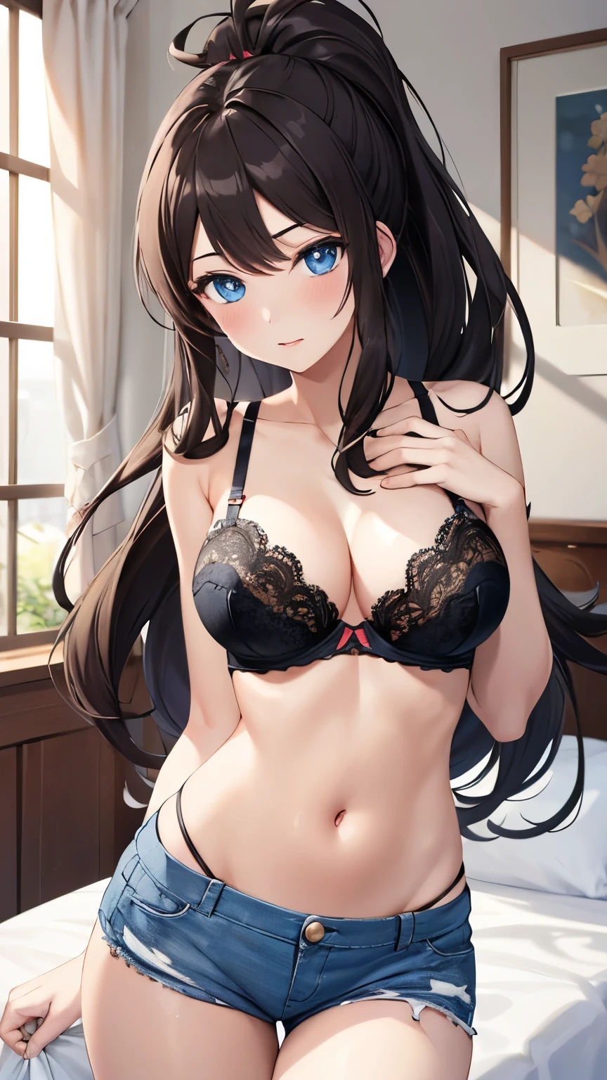 (masterpiece, best quality, detailed), 1girl, solo, looking at viewer, hilda pokemon, high ponytail, long hair, blue eyes, beautiful detailed eyes, indoors, lace bra, short shorts, blush