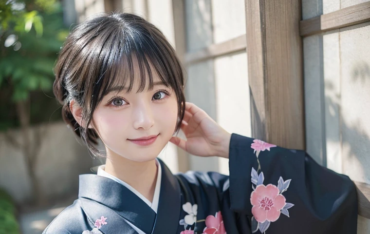 (kimono)、(())、Random pose、(highest quality,masterpiece:1.3,超A high resolution,),(Ultra-detailed,Caustics),(Photorealistic:1.4,RAW shooting,)Ultra-Realistic Capture,Very detailed,High resolution 16K human skin closeup、 The skin texture is natural、The skin looks healthy、The color is also uniform.、 Use natural light and color,1 girl,Japanese,,cute,Black Hair,,smile,,(Depth of written boundary、chromatic aberration、、Wide range of lighting、Natural Shading、)Shortcuts、Almond-shaped, slanted eyes