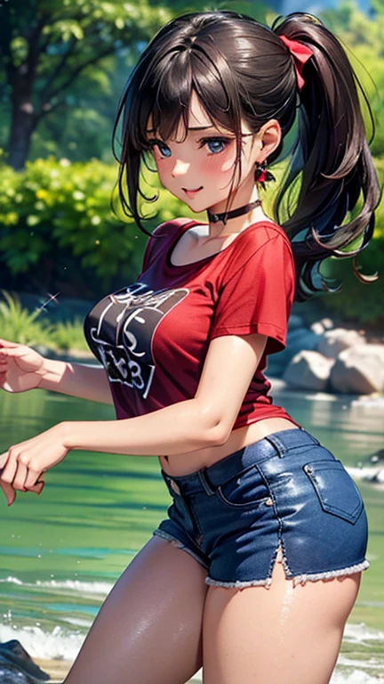 A girl is posing for a photo, cute女の子, Enchanting girl,
(Black Hair, Long ponytail:1.4, Red string ribbon), (Red eyes),
((Black PrintTshirt:1.6), (Blue shorts:1.4)、Black choker、Blue gemstone earrings、
(((highest quality)), ((masterpiece)), (Very detailed), (High resolution), (Beautiful detailed sparkle), (High detail), (Anatomically correct)), ((Realistic)), ((The best CG)), Ultra-detailed art, CG illustration, 16k, 1080P, Oil paints:1.2,
(((One Girl))),
(Symmetrical facial features, Perfect Face), Beautiful clavicle, (Beautiful fingers), (Beautiful breasts, (Ccup)),
Beautiful body, Beautiful thighs, Beautiful feet, Perfect round butt, (((Detailed skin, Oily skin, Textured skin, Beautiful Skin))),
(((Baby Face, cute, 16 years old))), Double eyelids, Long eyelashes,
(Droopy eyes, Expression of fine eyes, Beautiful and delicate eyes, Sparkling eyes, Eye Reflexes),
(Beautiful Nose,Thin Nose),
(Glossy Lips, Beautiful Lips, thick lips),
(Beautiful Hair, Shiny Hair, Shiny Hair), Hair fluttering),
(smiley, laughing, blush),
BREAK
(noon、(In the mountains、Put your feet in the river)), ((Dynamic Pose、Cowboy Shot))