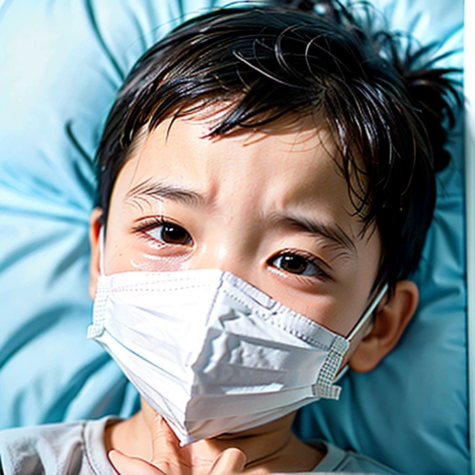 Handsome kindergarten boy with infectious disease、Appearance of suffering. He is wearing a white mask. He has a high fever. he is sleeping. He has a cough. He is exhausted. He is taking his temperature with a thermometer. He is dying. He is cooling his forehead with a cooling gel sheet..Are crying