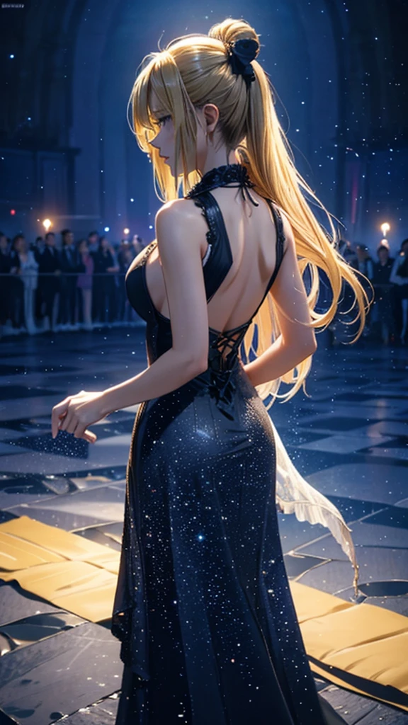 1people々,Blonde long-haired woman,Dress Silhouette,Diva,Dancing silhouette,dance, Rear View,beach,universe,Starry Sky,full moon,