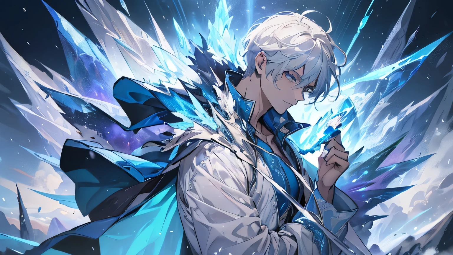 magician, (Loose dress: 1.5), (Perfect Face: 1.4), (Blue silk robe), (Mysterious Magic Circle: 1.2), ((Ice Dragon)), 1 young man, Short white hair (Ice crystal scales), Cyan Light, (Frostwing), Powerful Ice Magic, Icicle, Towering towards the clouds, Blue cold light, Ice storm, Cold wind, Flying Ice and Snow, Amazing effect, highest quality, masterpiece, 超High resolution, Fine details, Intricate details, 8k resolution, 8KUKG wallpapers, High resolution, Aqua blue, Magic array, Cinema Lighting, Chiaroscuro, Level 5 ice explosion with ice attribute, The monster is shocked、shout out loud.
Like it&#39;s going to explode, An ice ball shot out of my hand.、Swallowed Trevion&#39;s magic