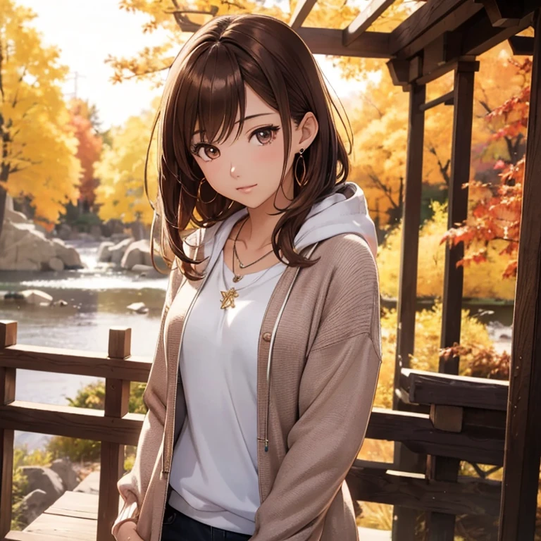 High resolution,8k,highest quality,detailed,Semi-realistic anime,Anime 3D Style,Smooth anime CG,One Girl,20 year old Japanese woman,slim,Modeled,Shiny brown hair,Medium Hair,detailedな顔,Beautiful and detailed,Glowing Skin,(sweater,Layering,hoodie),Earrings Beautiful,necklace,autumn&#39;s,autumn leaves,Ginkgo tree,Komono, (Dynamic Pose:0.8),Hard Focus、Film Grain,Soft lighting,Wind,Looking at the audience,Laughter,Side angle