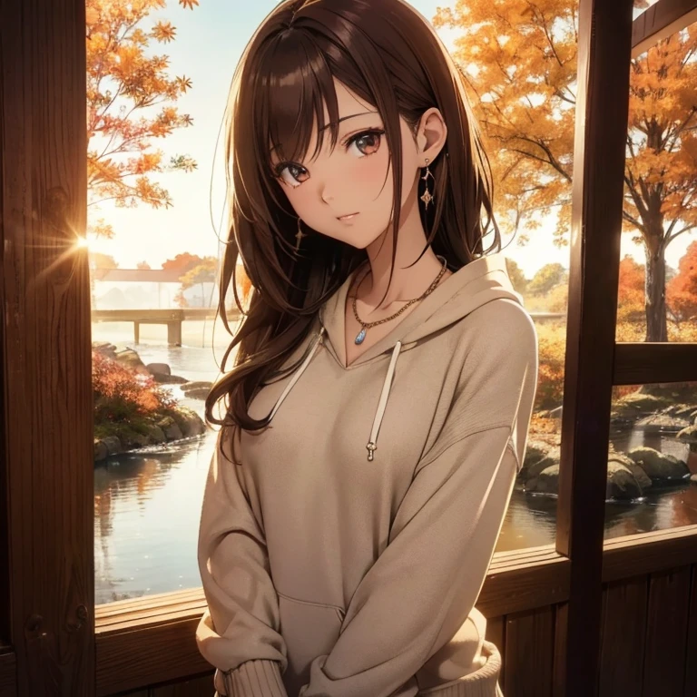 High resolution,8k,highest quality,detailed,Semi-realistic anime,Anime 3D Style,Smooth anime CG,One Girl,20 year old Japanese woman,slim,Modeled,Shiny brown hair,Medium Hair,detailedな顔,Beautiful and detailed,Glowing Skin,(sweater,Layering,hoodie),Earrings Beautiful,necklace,autumn's,autumn leaves,Ginkgo tree,Komono, (Dynamic Pose:0.8),Hard Focus、Film Grain,Soft lighting,Wind,Looking at the audience,Laughter,Side angle