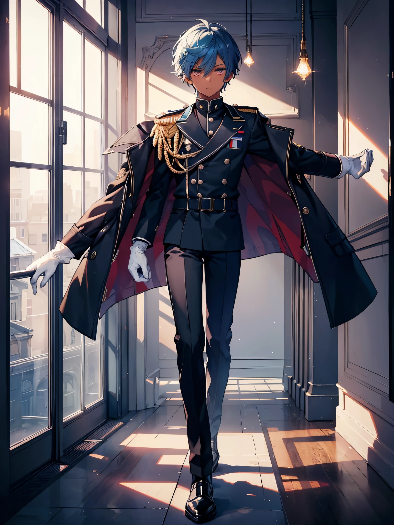 1boy, full body, military jacket, ((white gloves)), peacock blue hair, short hair, maroon eyes, ((dark skin)), ((black boy)), trousers