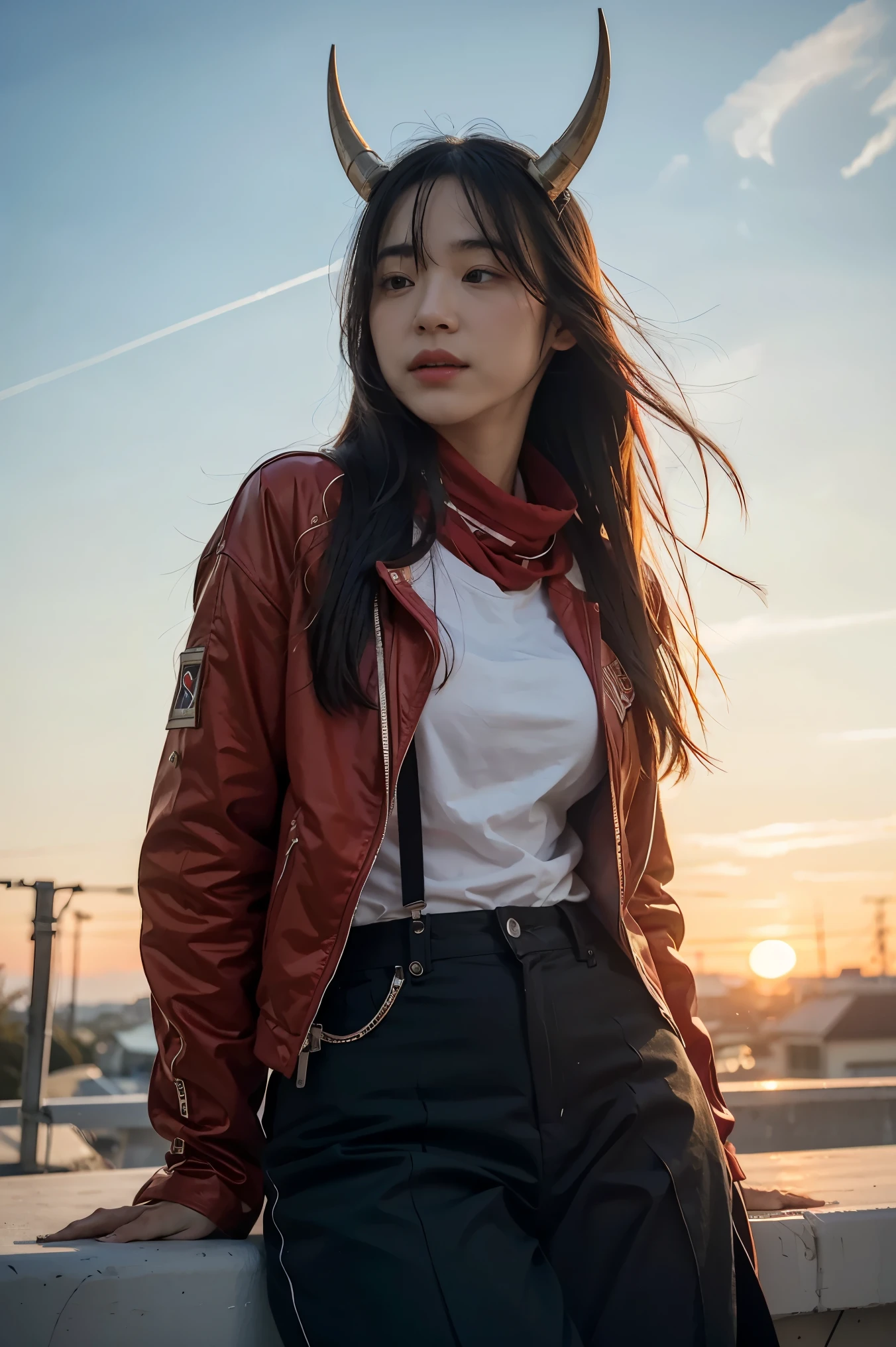 redhoodx, best quality, masterpiece, illustration, (realistic, photo-realistic:1.37), amazing, finely detail, incredibly absurdres, huge filesize, ultra-detailed, highres, extremely detailed CG unity 8k wallpaper, ray tracing, nsfw, 1girl, A photo of a beautiful young woman with very long hair, mechanical horns, red eyes, wearing a red jacket, cropped jacket, red scarf, unzipped bodysuit, suspenders, and black pants. She is standing sideways with one leg crossed over the other and one hand resting on a red radio next to her. In the background is a vivid sunset sky with clouds and rays of light. The photo is taken from a low angle looking up at the woman against the sunset. Everything is highly detailed and in perfect focus.