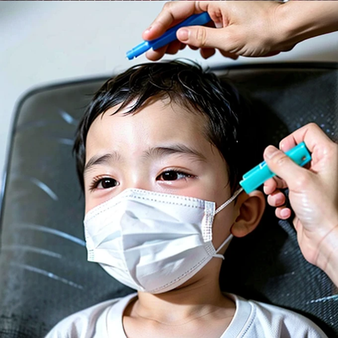 Handsome kindergarten boy with infectious disease、Appearance of suffering. He is wearing a white mask. He has a high fever. he is sleeping. He has a cough. He is exhausted. He is taking his temperature with a thermometer. He is dying. He is cooling his forehead with a cooling gel sheet..Are crying
