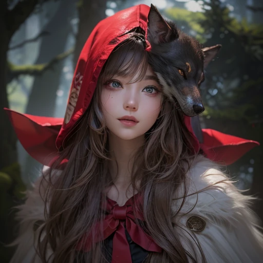 Standing in the forest、Hair flow、 ((highest quality、masterpiece、8k、Best image quality、Ultra-high resolution、Award-winning works)、(Accurate anatomy:1.1)、(Look at me and smile:1.1)、Shining fair skin with Ultra-high resolution、The most detailed face、Ultra-high resolution detailed face、Ultra-high resolutionの髪の毛、(Ultra-high resolution eye:1.1)、Beautiful face drawn in every detail、little red riding hood　Costume , Chest to chest,  Strange atmosphere, A real werewolf stares at her...., Dark Light, in the forest , Heavy makeup 
