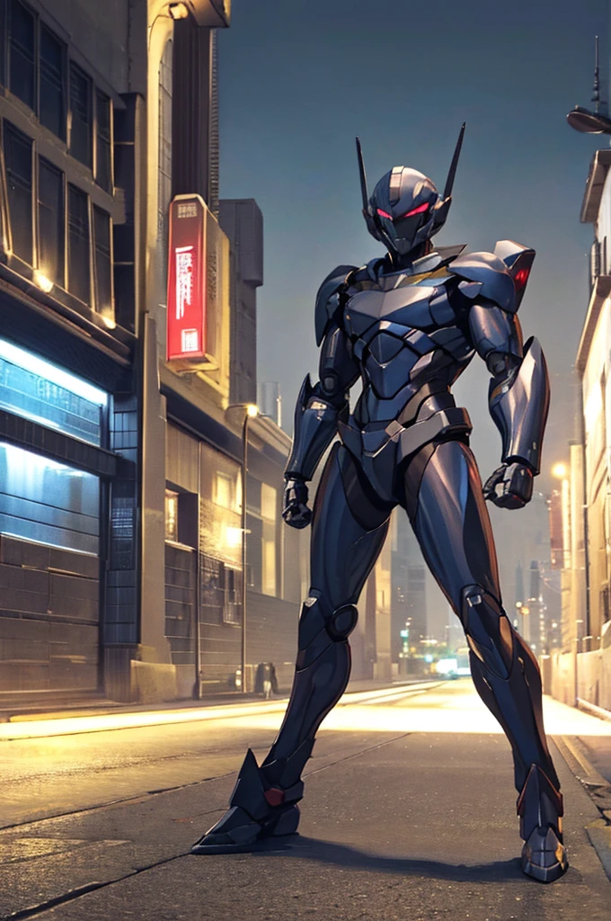 best quality, 8k, highly detailed face and skin texture, high resolution, man in cyber armor stand on street in city at night, full body, sharp focus