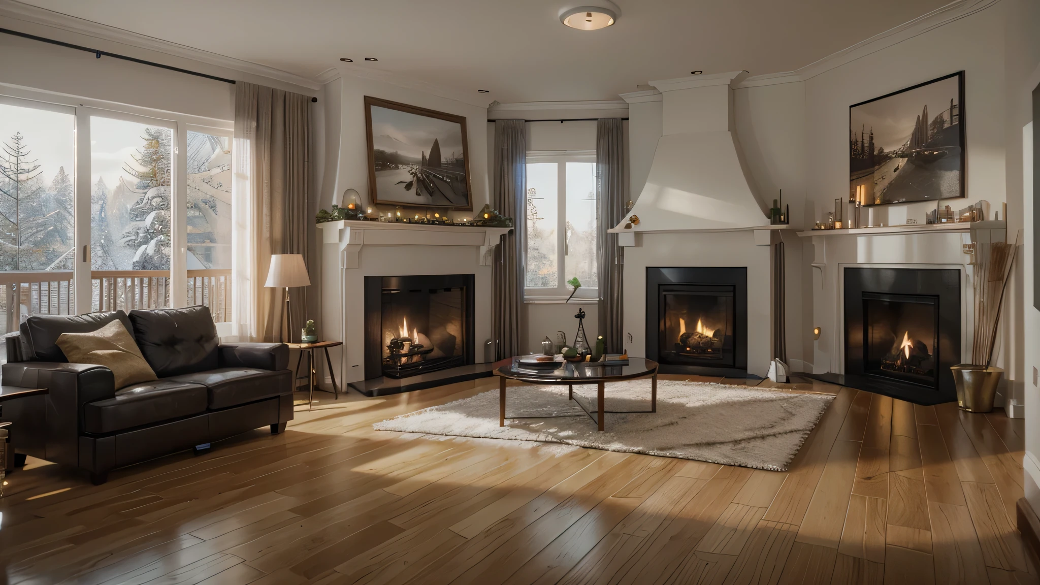 Alav living room with Christmas tree and fireplace with candles, Snow scene outside the floor-to-ceiling glass window,Evgeny Lushpin-inspired subtle matte, cg Club Competition Winners, Surrealism, Photorealistic rendering with Unreal Engine, Stunning details in Unreal Engine 6, Rendering with Unreal Engine 5, Cozy living room interior, Highly realistic virtual engine, Rendered with Unreal Engine at 8k, Photorealistic 8k rendering, Rendering with Unreal Engine 6