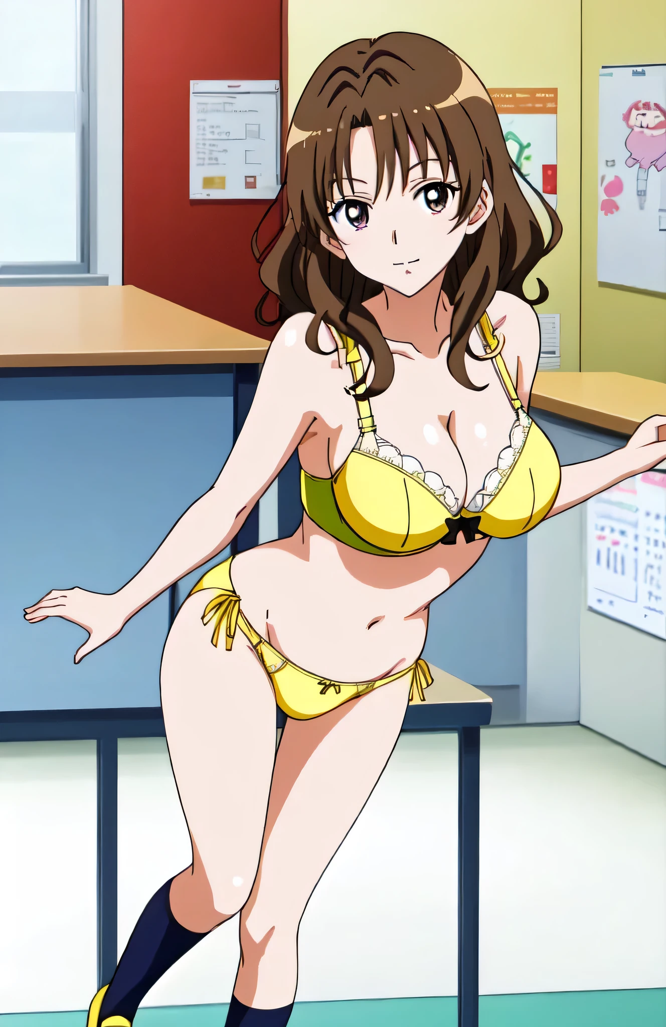 Anime Girls in a yellow bra with a black bow and yellow panty with a black bow、Woman with short brown hair、Brown eyed woman、Wavy Hair、seductive anime women、clothing:Yellow bra、Yellow panties、White socks、Tall Woman、Sexy vibe、Anime Moe Art Style、Big Breasts、A woman with very large breasts、(Anime Girls)、attractive Anime Girls、Naughty anime style、Beautiful attractive anime teen、Smooth anime CG art、School classroom、indoor、cleavage、bra with an yellow、panty with an yellow、knee-high socks with an white、whole body、Indoor shoes、A girl is standing、Digital anime art!!、Female focus、Perfect body、sexy Anime Girls、Full Body、Best anime girl、solo、Underwear only、bra and panty only、8k!!、High resolution!!、Very detailed、perfect body、perfect fingers、perfect arms、perfect legs、