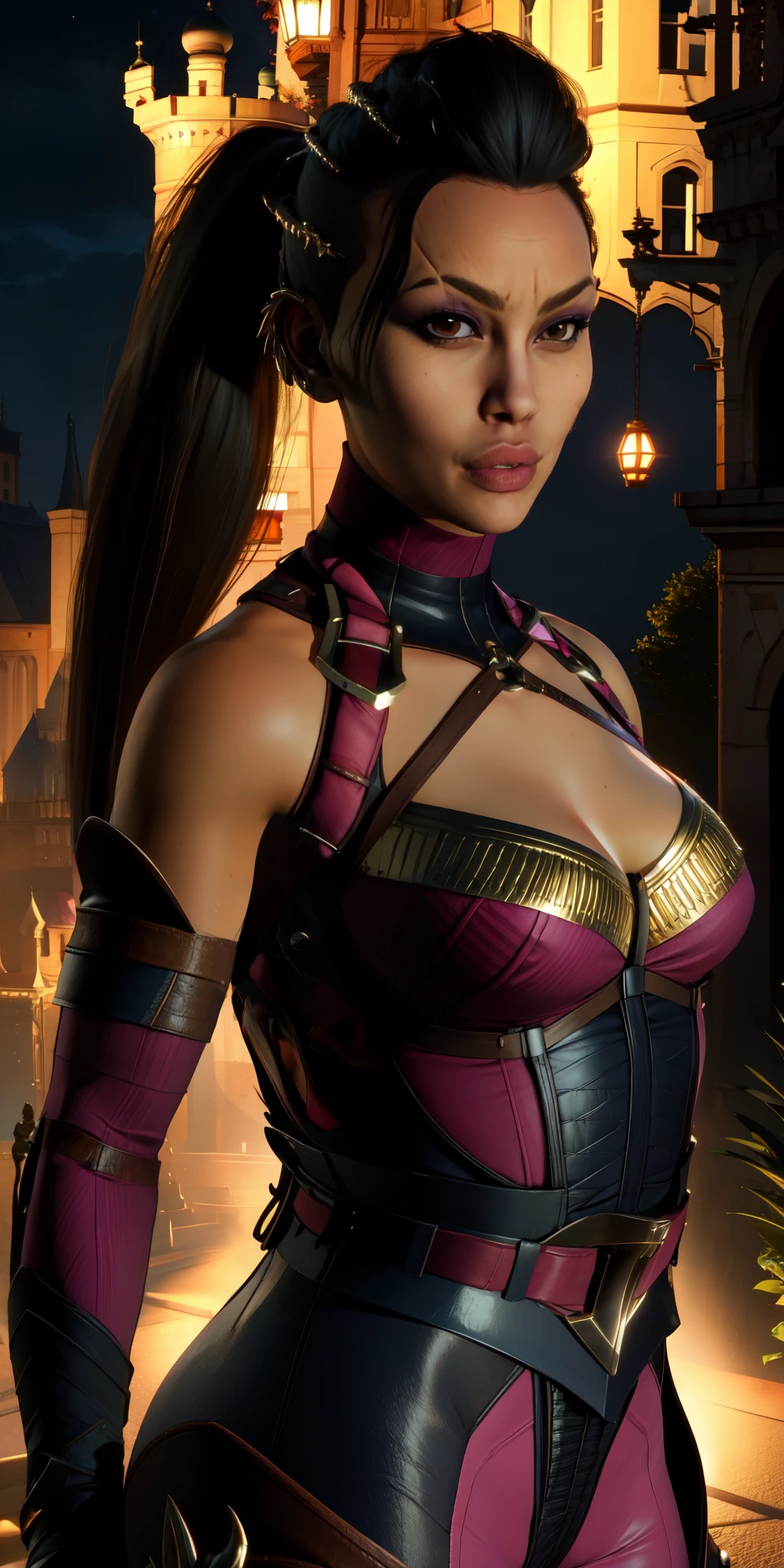 mileena, black hair, ponytail, lips,  brown eyes, pink bodysuit, standing,upper body,  hair ornament, cowboy shot, looking at viewer, night,  royal castle, (insanely detailed, beautiful detailed face, masterpiece, best quality), 