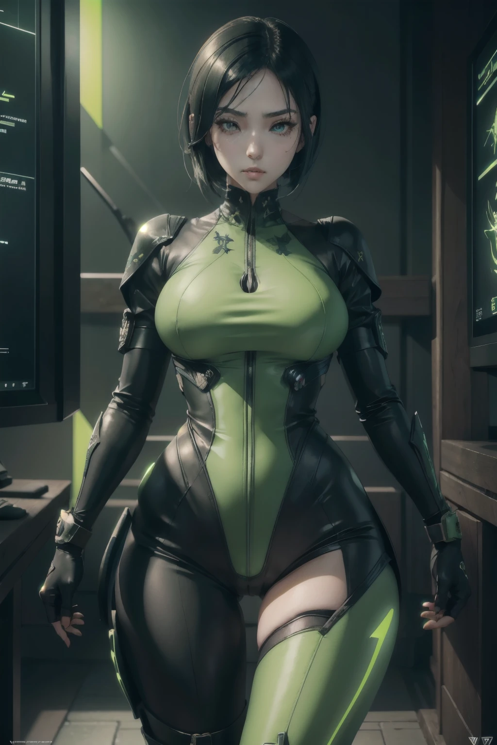 beautiful japanese young woman, extreme detailed, bodysuit, gloves, belt, thigh boots, (valorantViper:1.2), bodysuit, gloves, belt, thigh boots, respirator, looking at viewer, face, portrait, close-up, green, slender, (combat ready stance), (tactical outfit), (solo character), (gaming theme:1.5), short hair, green, (black hair), (milittary gear), (gas mask:0.4), (poisonous green:1.2), (glowing effects),