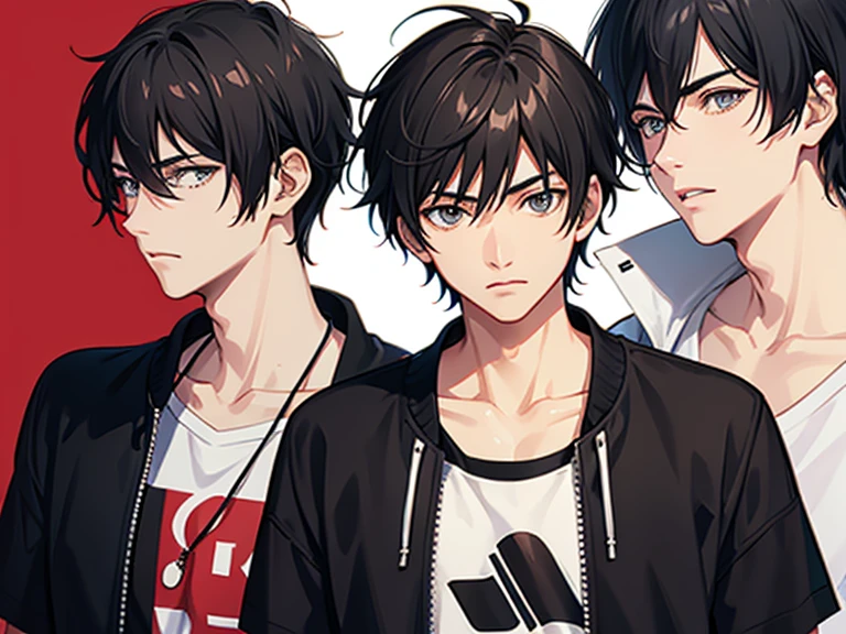 Anime Man, Handsome, Grey Eyes, Anime art style, Black Hair, Faded short hair, Wearing a modern T-shirt, slim, Different hairstyles for short hair