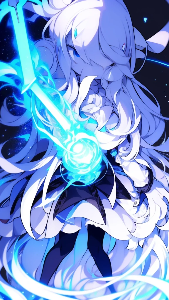 girl,k hd,4K,face expressionless,style of anime,sideface,blue color eyes,white color hair,((full body)),Confused eyes,(default character)SD character, masterpiece,best quality,ultra detailed,4K,super fine illustration,highly detailed beautiful face and eyes,cyan color scheme, lighting,fantasy,extremely solemn atmosphere,long hair,floating hair,smirk,fighting stance,dynamic pose,(holding glowing sword:1.3),particle light,luminescence,plasma,electric current,blue flame,sense of depth,dynamic angle,