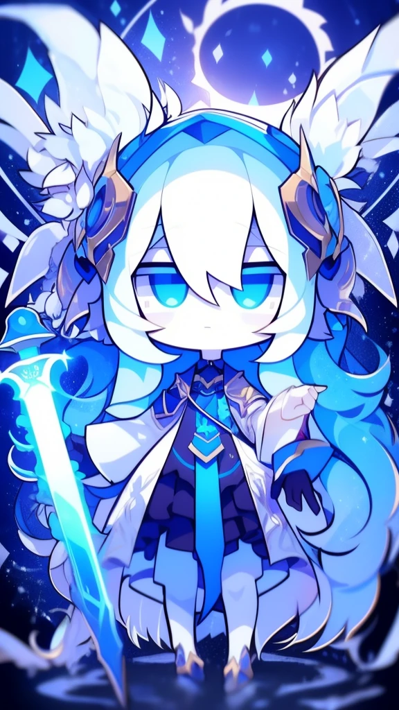  girl，k hd，4K，face expressionless，style of anime，sideface，blue color eyes，white color hair,((full body)),Confused eyes,(default character)SD character, masterpiece,best quality,ultra detailed,4K,super fine illustration,highly detailed beautiful face and eyes,cyan color scheme, lighting,fantasy,extremely solemn atmosphere,long hair,floating hair,smirk,fighting stance,dynamic pose,(holding glowing sword:1.3),particle light,luminescence,plasma,electric current,blue flame,sense of depth,dynamic angle,