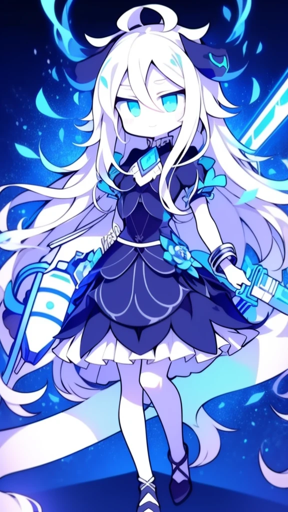 girl,k hd,4K,face expressionless,style of anime,sideface,blue color eyes,white color hair,((full body)),Confused eyes,(default character)SD character, masterpiece,best quality,ultra detailed,4K,super fine illustration,highly detailed beautiful face and eyes,cyan color scheme, lighting,fantasy,extremely solemn atmosphere,long hair,floating hair,smirk,fighting stance,dynamic pose,(holding glowing sword:1.3),particle light,luminescence,plasma,electric current,blue flame,sense of depth,dynamic angle,