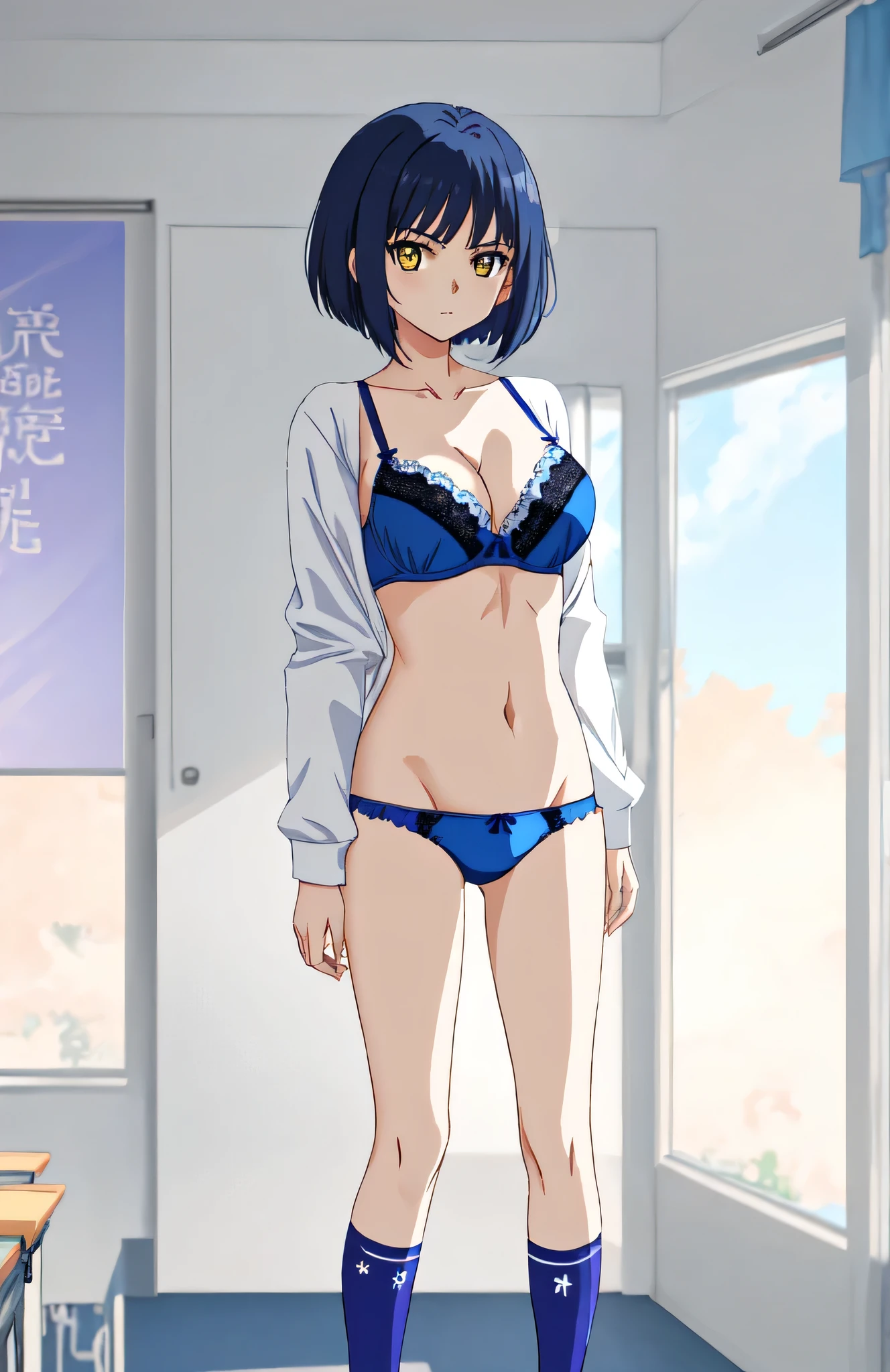 Anime Girls in a blue bra with a white lace trim and blue panty with a white bow、Woman with short dark blue hair、Yellow eyed woman、Bobcut、seductive anime women、clothing:Blue bra、Blue panties、Navy blue socks、Tall Woman、Cool vibe、Anime Moe Art Style、Big Breasts、A woman with very large breasts、(Anime Girls)、attractive Anime Girls、Naughty anime style、Beautiful attractive anime teen、Smooth anime CG art、School classroom、indoor、cleavage、bra with an blue、panty with an blue、high socks with an navy blue、whole body、Indoor shoes、A girl is standing、Digital anime art!!、Female focus、Perfect body、cool Anime Girls、Full Body、Best anime girl、solo、Underwear only、Bra and panties only、8k!!、High resolution!!、Very detailed、perfect body、perfect fingers、perfect arms、perfect legs、