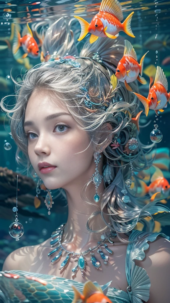 ((RAW shooting, 32k, highest quality, masterpiece, Ultra-high resolution)), (Deep sea at night:1.0, Dramatic moonlight:0.7, Mysterious underwater world:1.3, Expressions of sadness:1.0), The subject is far away, Full Body Shot, Fractal Art:1.3, Perfect dynamic composition:1.3, Very detailedな肌と顔の質感:1.3, (Beautiful shell and coral decoration, Surrounded by lots of colorful fish, Rich underwater vegetation), Dynamic flow of water waves:1.3, elegant and sophisticated, (Slim mermaid figure, Shimmering Scales, Mermaid tail), Fair skin, Incredibly slim body:0.8, Very beautiful face, Water droplets on the skin, Very accurate, Very detailed, Gorgeous silver shiny dress portrait, Big eyes that exude beauty, Beautiful big lips,, Unreal atmosphere, necklace, Earrings, bracelet